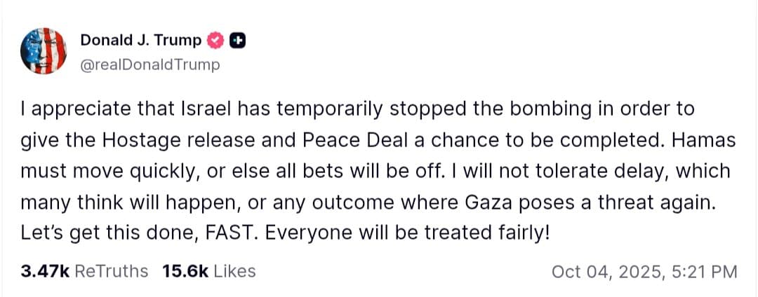 Trump praises Israel's pause in bombing for hostage release and peace deal