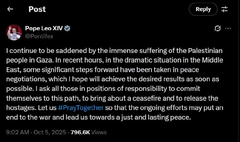 Pope Leo XIV calls for ceasefire and release of hostages in Gaza