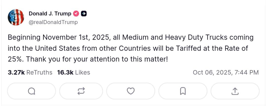 Trump announces 25% tariff on Medium and Heavy Duty Trucks from Nov 1, 2025