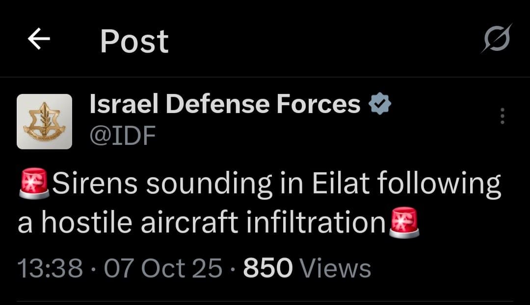 Sirens sound in Eilat due to hostile aircraft infiltration, IDF reports