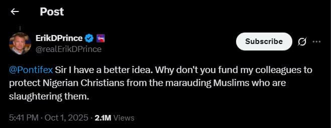 Erik Prince asks Vatican to fund PMC for Crusade against Boko Haram