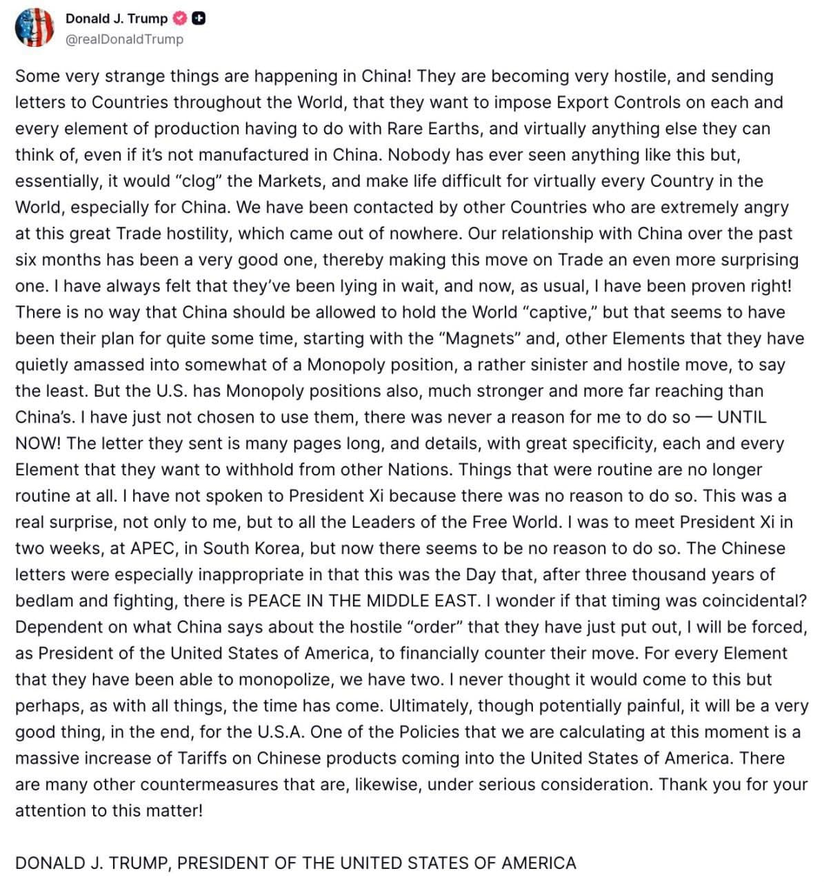 Trump Threatens Tariffs After China's Rare Earth Export Curbs