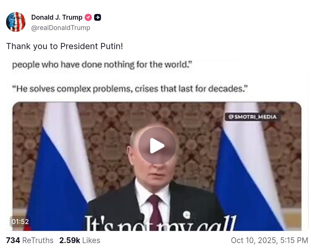 Trump thanks Putin for Nobel Peace Prize remarks