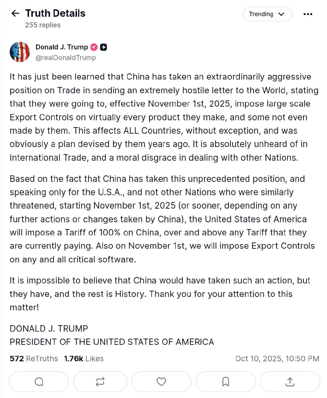 Trump imposes 100% tariffs on all Chinese imports starting November 1