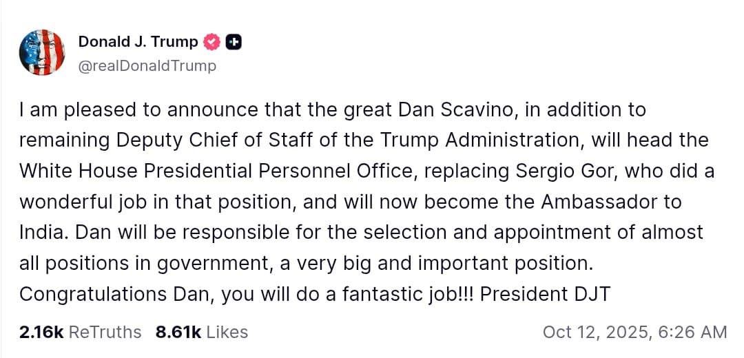 Dan Scavino appointed to head White House Presidential Personnel Office
