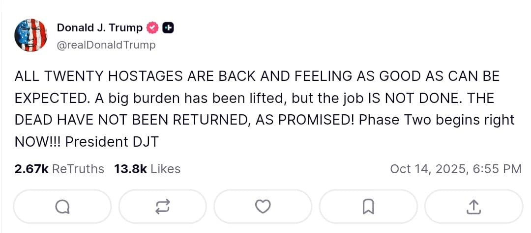 Trump announces Phase Two of Gaza peace deal begins after hostages released