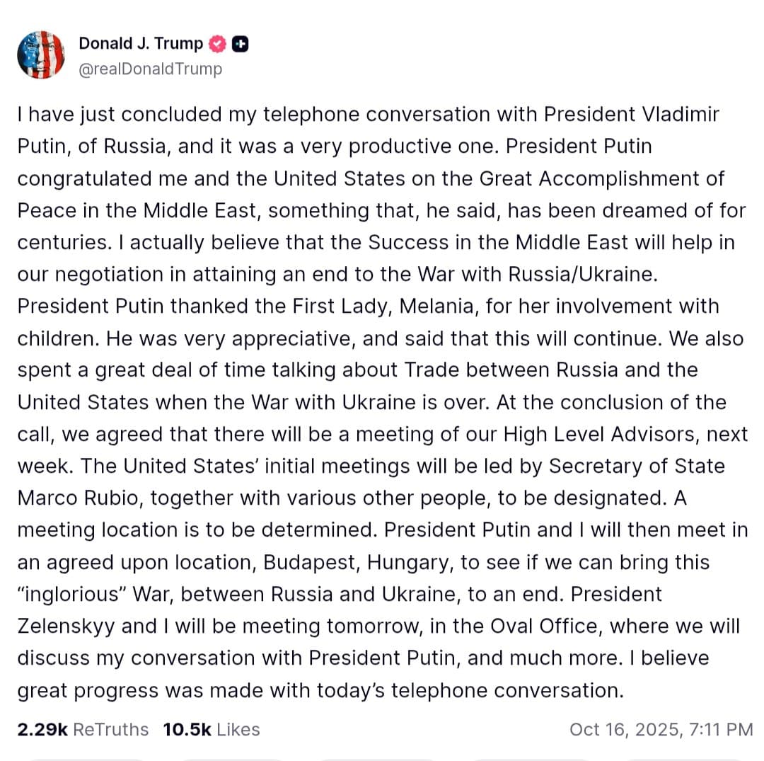 Trump plans meeting with Putin in Budapest after U.S.-Russia summit