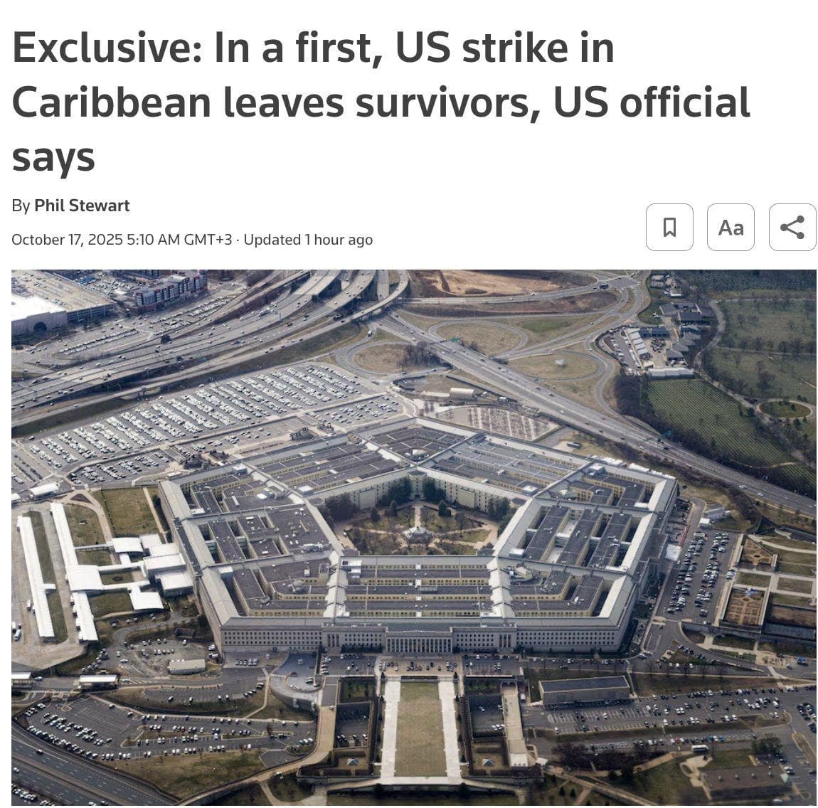 U.S. Military Strikes Drug Vessel in Caribbean, Survivors Reported