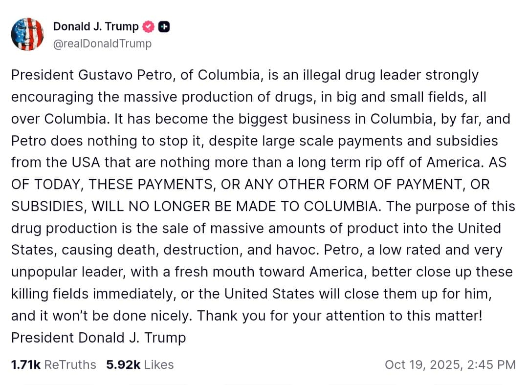 Trump Halts All US Aid to Colombia, Calls Petro 'Illegal Drug Dealer'