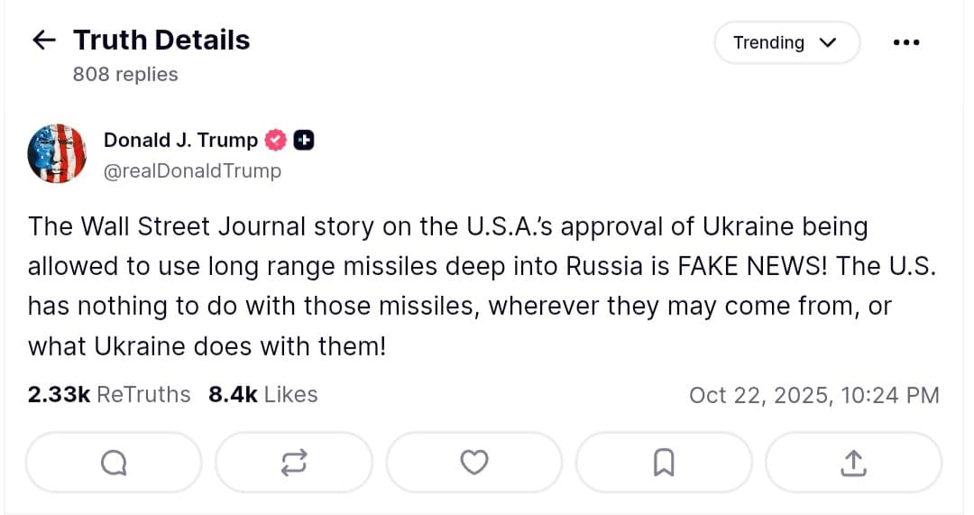 Trump calls Wall Street Journal story on Ukraine missiles "FAKE NEWS!