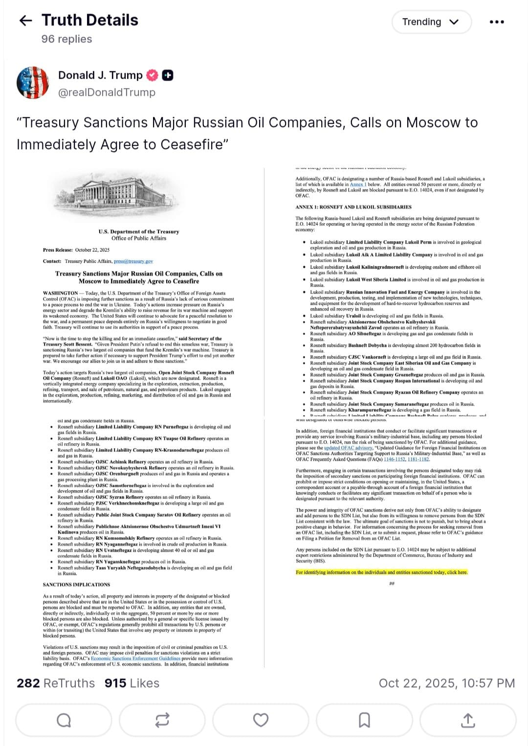 U.S. sanctions Russia's largest oil firms Rosneft and Lukoil