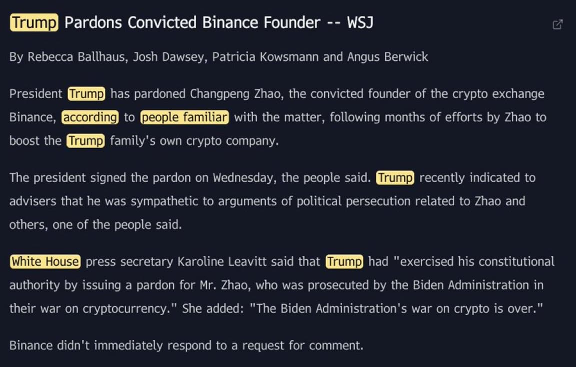 Trump pardons convicted Binance Founder Changpeng Zhao (CZ)