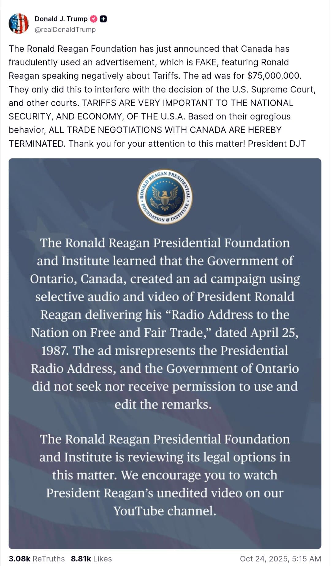 Trump Ends Trade Negotiations with Canada Over Fraudulent Reagan Ad