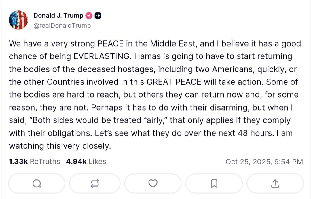 Trump demands Hamas return deceased hostages, including 2 Americans, in 48 hours