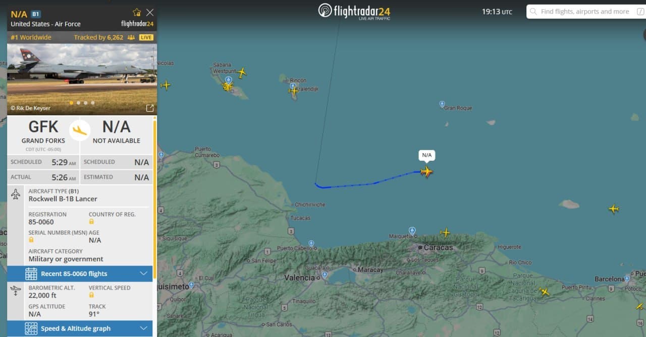 Two U.S. Air Force B-1 bombers patrol near Venezuela's coast