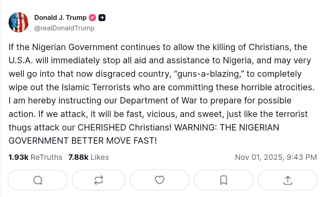 Trump threatens aid cuts to Nigeria and possible military action over violence against Christians