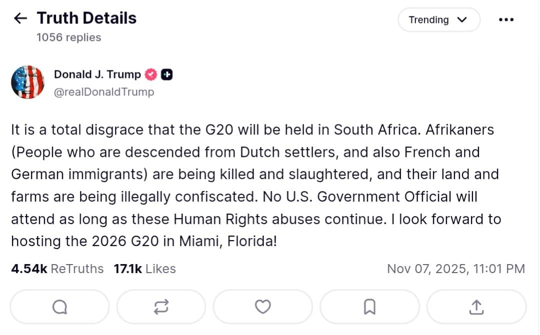 Trump criticizes G20 in South Africa, cites Afrikaner human rights abuses
