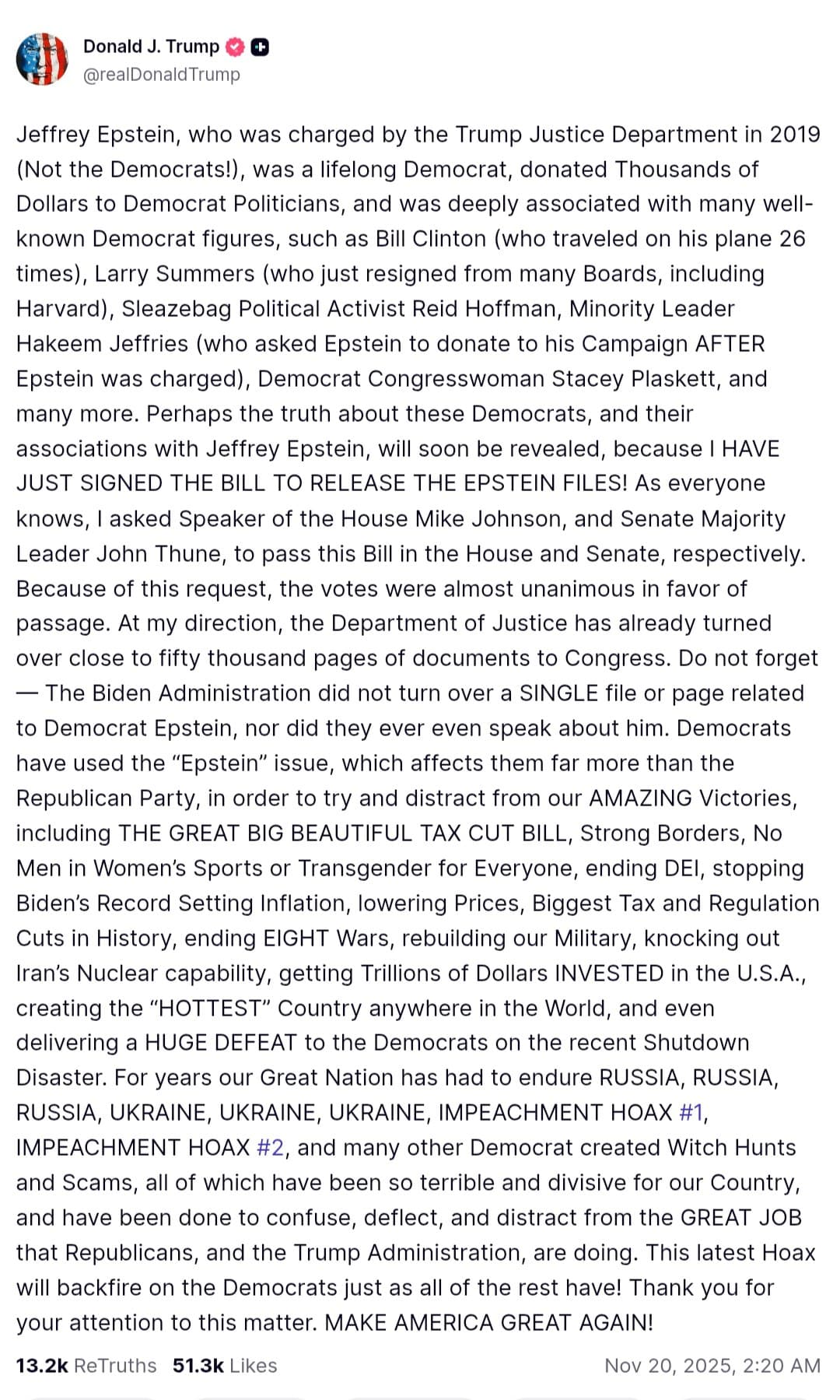 Trump signs Epstein Files Transparency Act to release investigation records