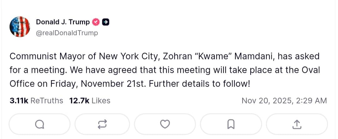 Trump to meet NYC Mayor-elect Zohran Mamdani on November 21