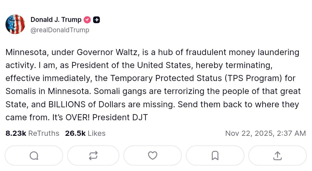 Trump terminates Temporary Protected Status for Somalis in Minnesota