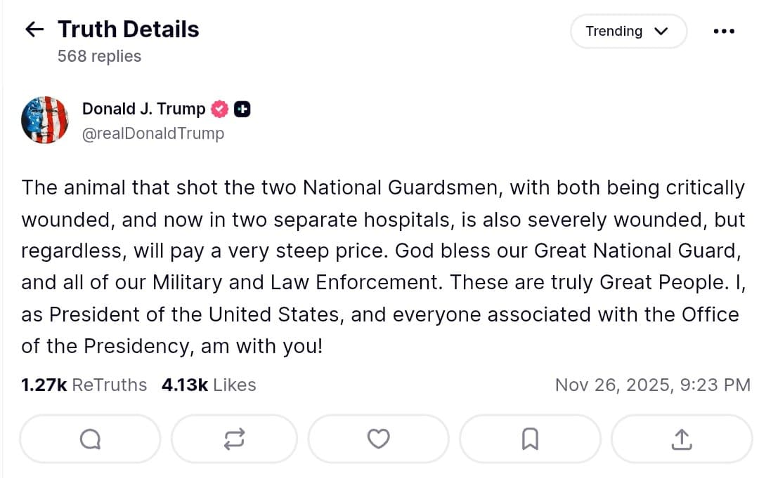 Trump condemns shooter who critically wounded two National Guardsmen