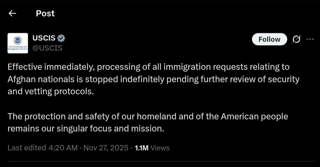 USCIS halts processing of immigration requests for Afghan nationals