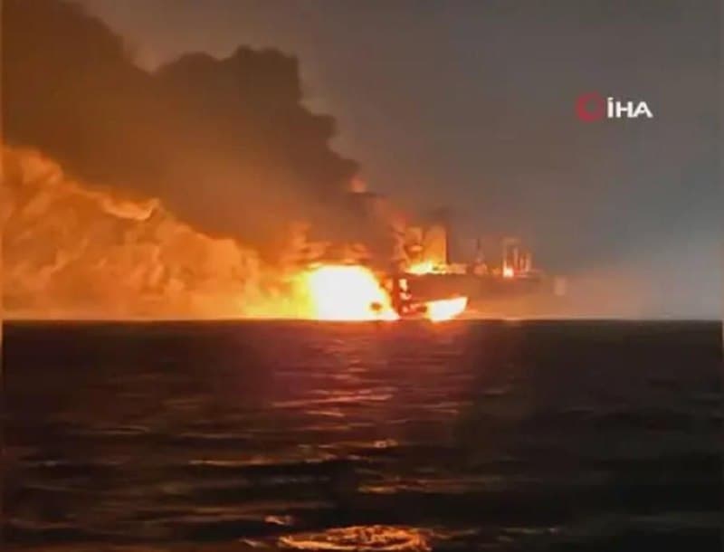 Russian Shadow Fleet Tanker Virat on Fire After Drone Strike in Black Sea