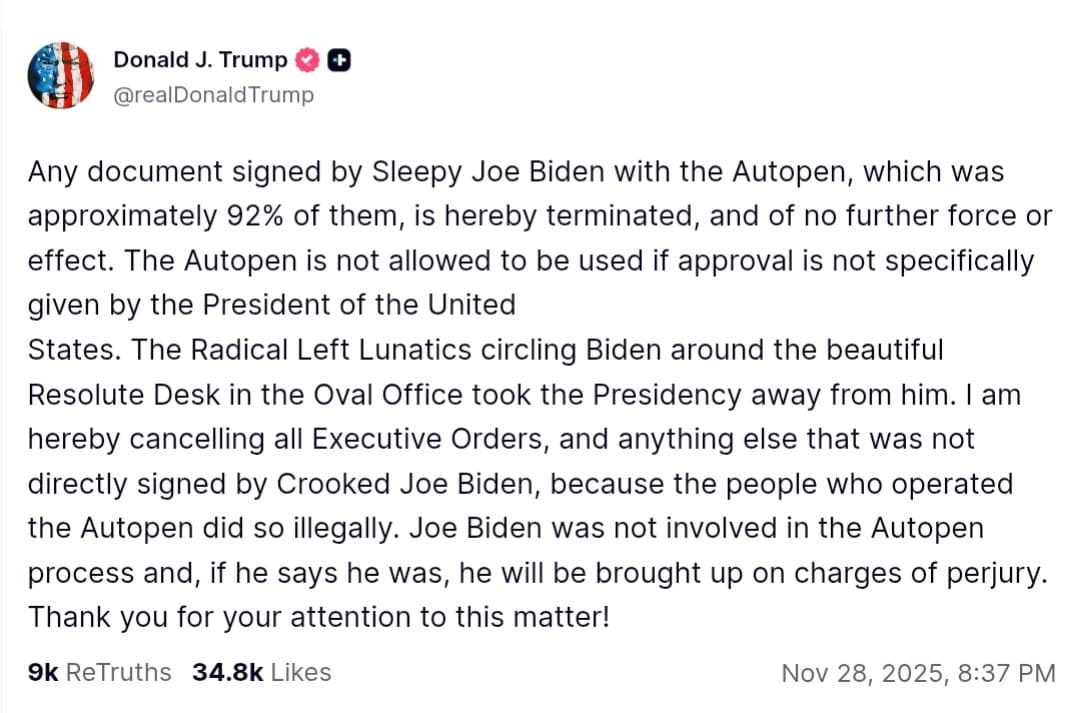 Trump cancels all Executive Orders signed by Biden with Autopen