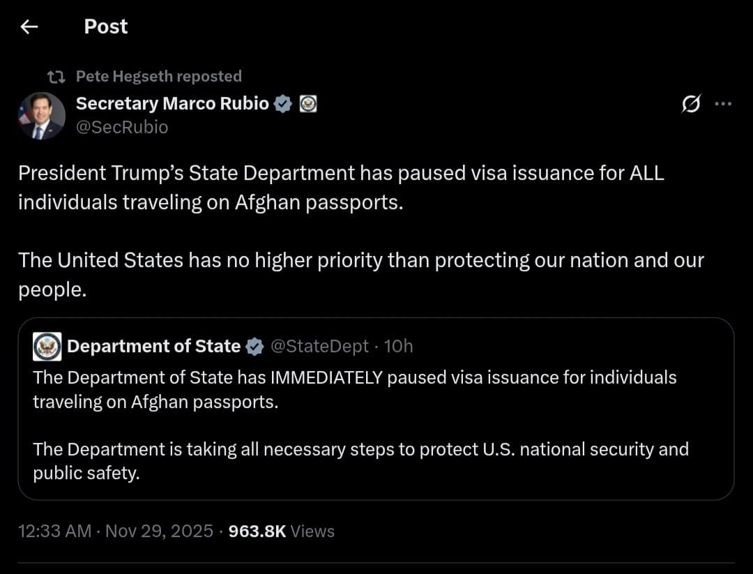 US Department of State pauses visa issuance for Afghan passport holders