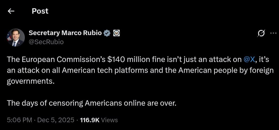 Marco Rubio condemns European Commission's $140M fine as attack on US tech