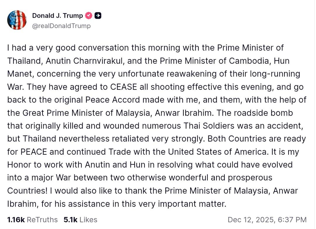 Trump announces ceasefire agreement between Thailand and Cambodia