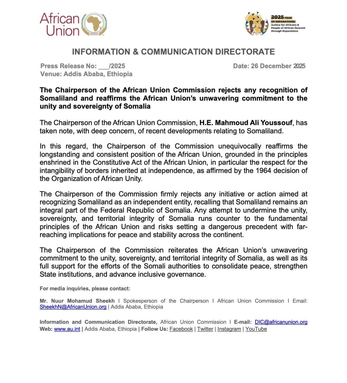 African Union rejects recognition of Somaliland after Israeli announcement