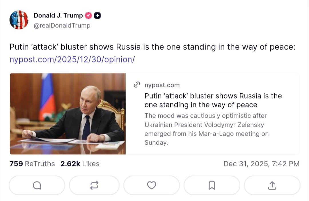 Trump shares New York Post article on Putin's role in peace efforts