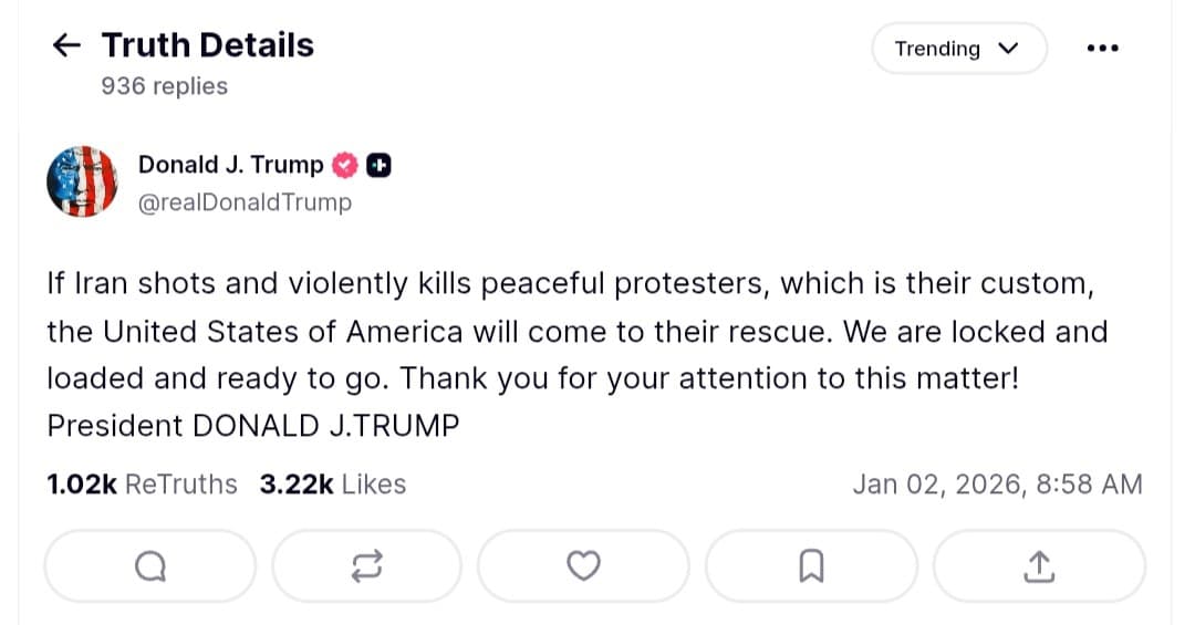 Trump warns Iran of US response if protesters are harmed