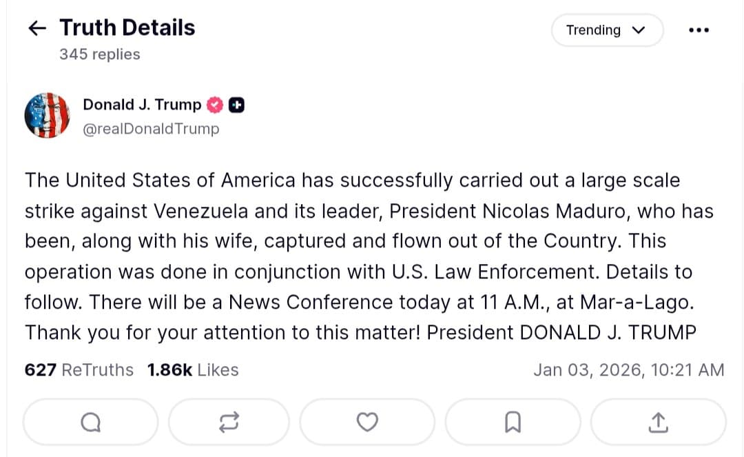 US conducts large scale strike against Venezuela, captures Maduro