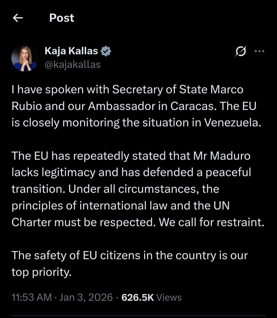 EU Foreign Policy Chief calls for restraint in Venezuela situation