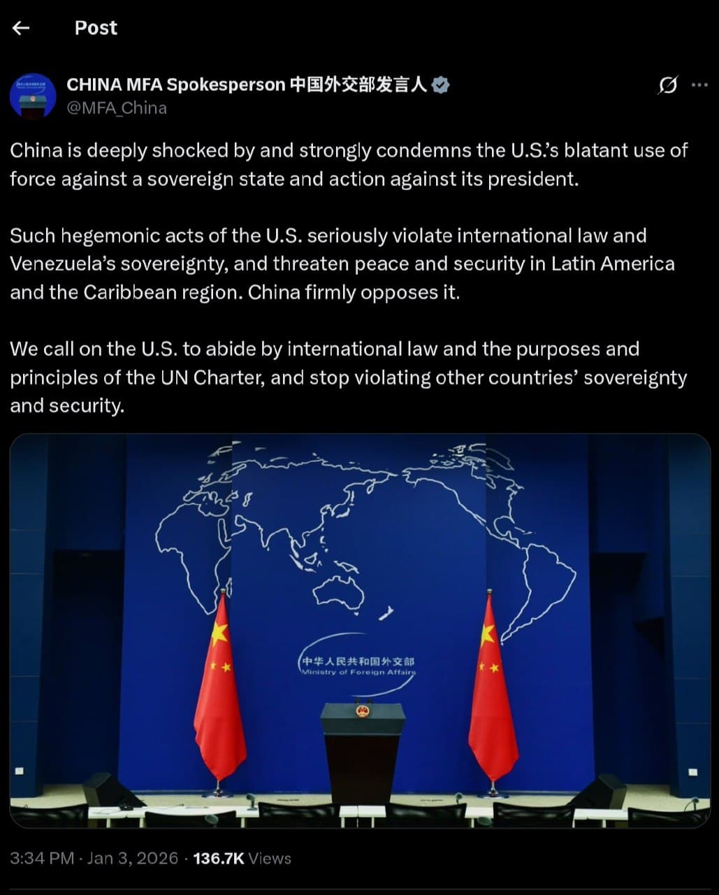 China condemns U.S. military intervention in Venezuela