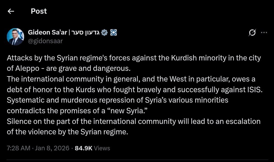 Israeli Foreign Minister condemns Syrian regime's attacks on Kurds in Aleppo