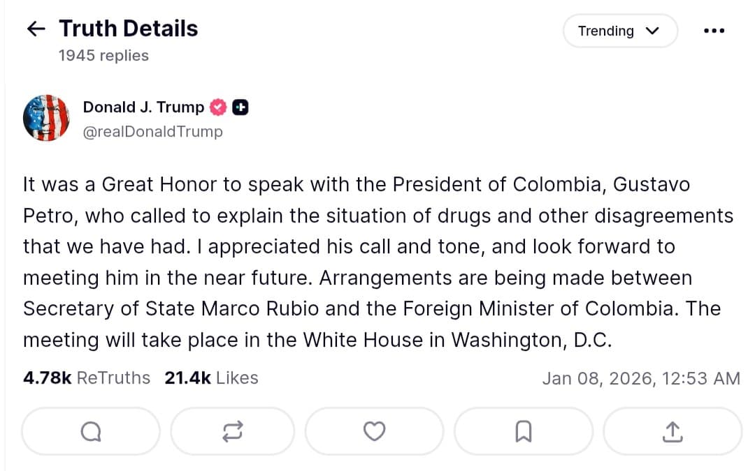 Trump speaks with Colombia's President Gustavo Petro about drug issues