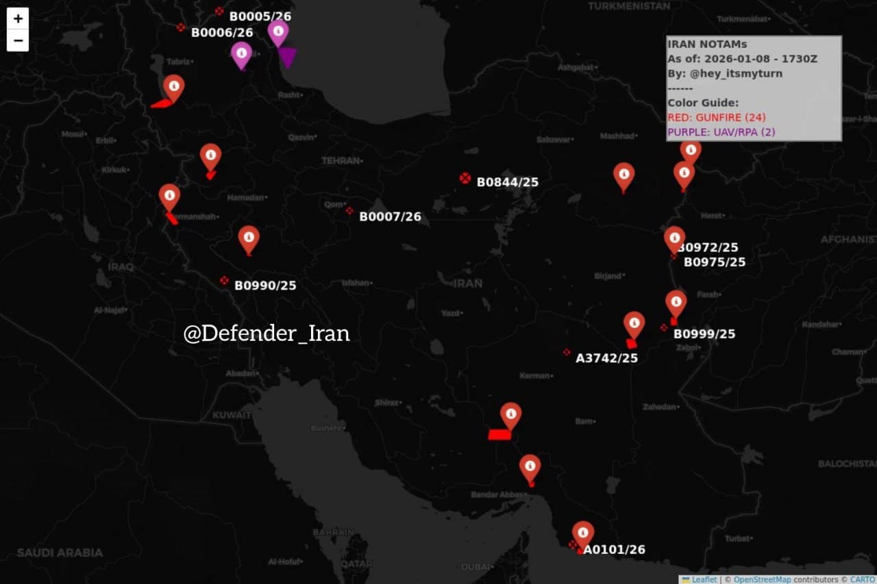 Multiple NOTAMs issued in Iran for temporary airspace restrictions