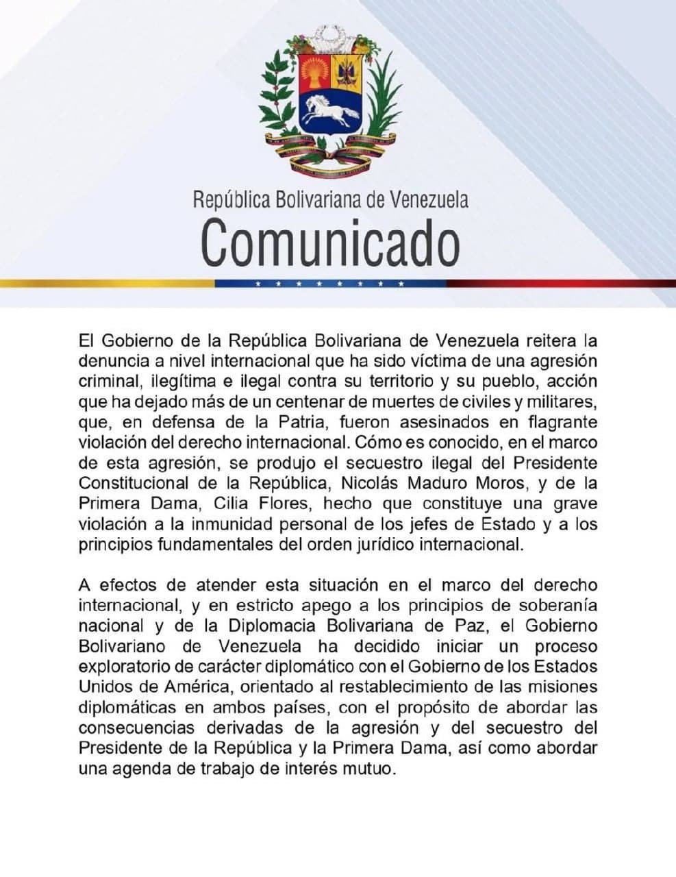 Venezuela announces diplomatic talks with U.S. to restore embassies