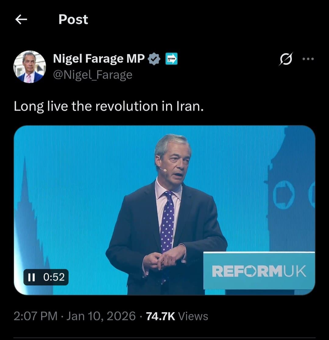 Reform UK leader Nigel Farage supports revolution in Iran