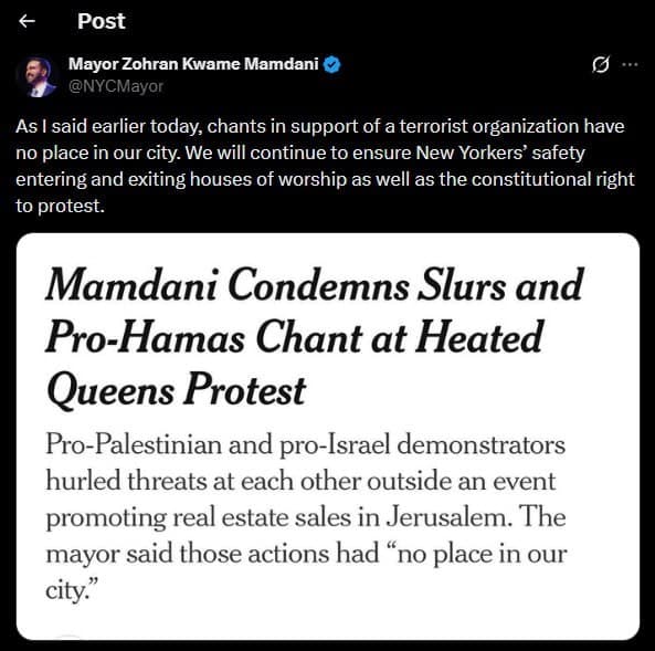 NYC Mayor Zohran Mamdani calls Hamas a terrorist organization