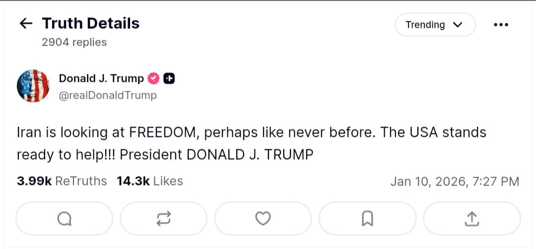 Iran is looking at freedom, says U.S. President Donald Trump