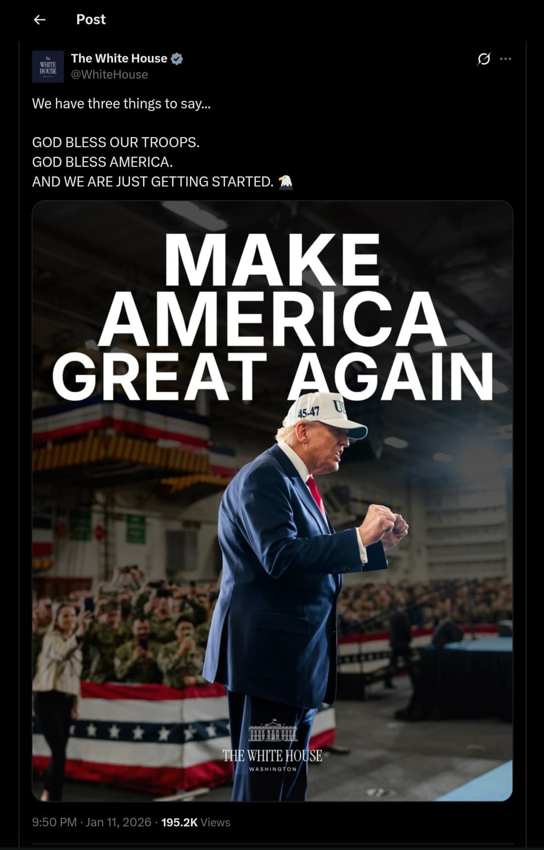 White House expresses support for troops and America, vows to continue efforts