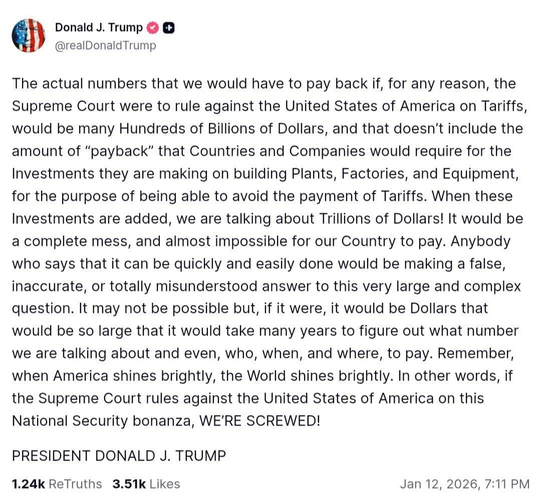 Trump warns of dire consequences if Supreme Court rules against U.S.