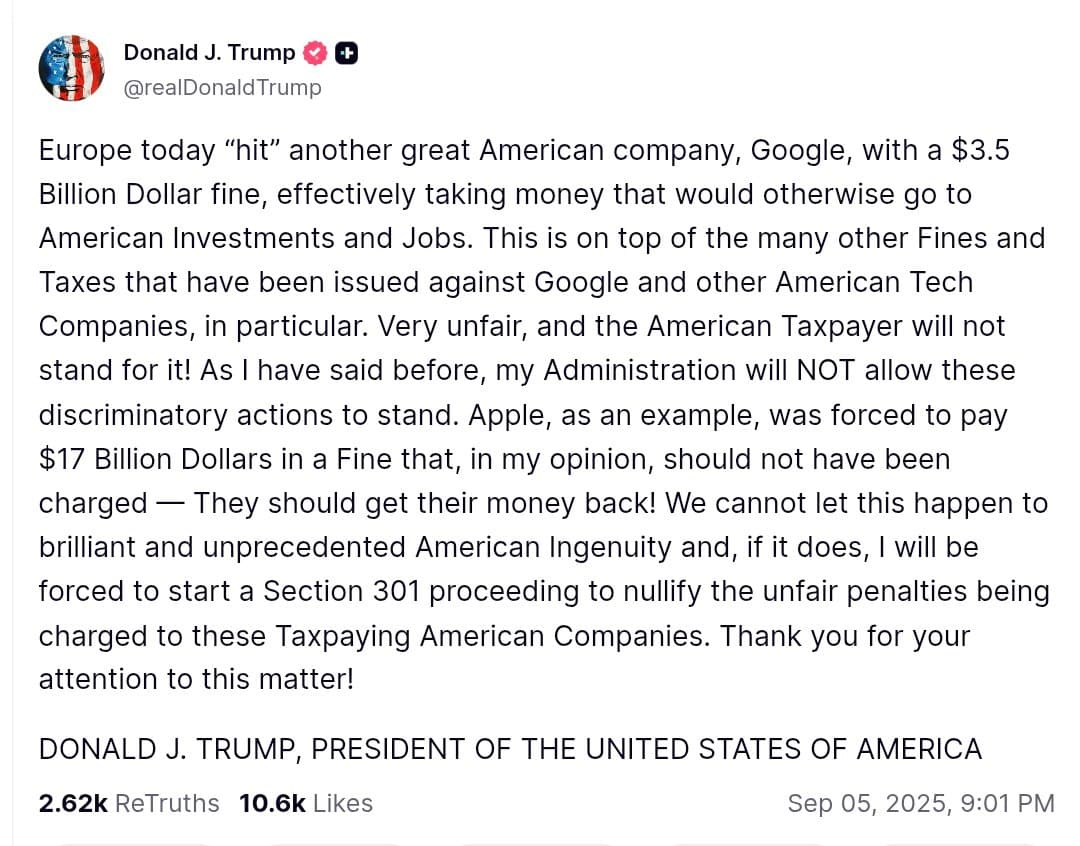 Trump Denounces EU's $3.5B Google Fine as Unfair Trade Attack