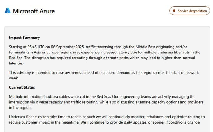 Featured image for: Red Sea Cable Cuts Disrupt Microsoft Azure Cloud Services Red Sea Cable Cuts Disrupt Microsoft Azure Cloud Services