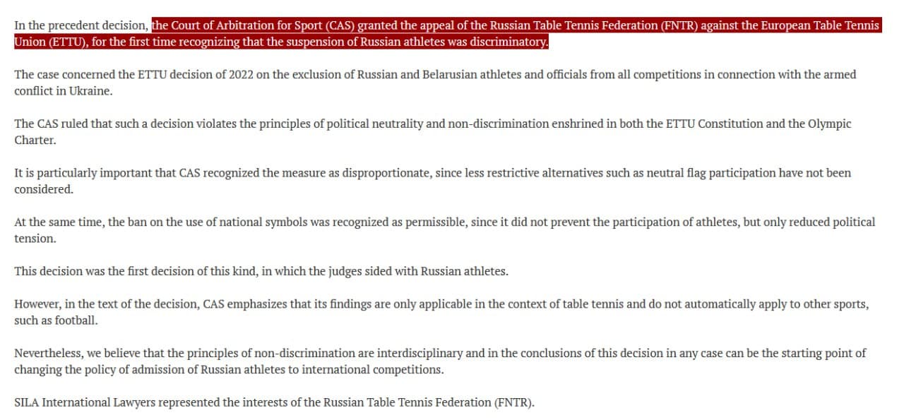 Court of Arbitration for Sport recognizes suspension of Russian athletes as discrimination