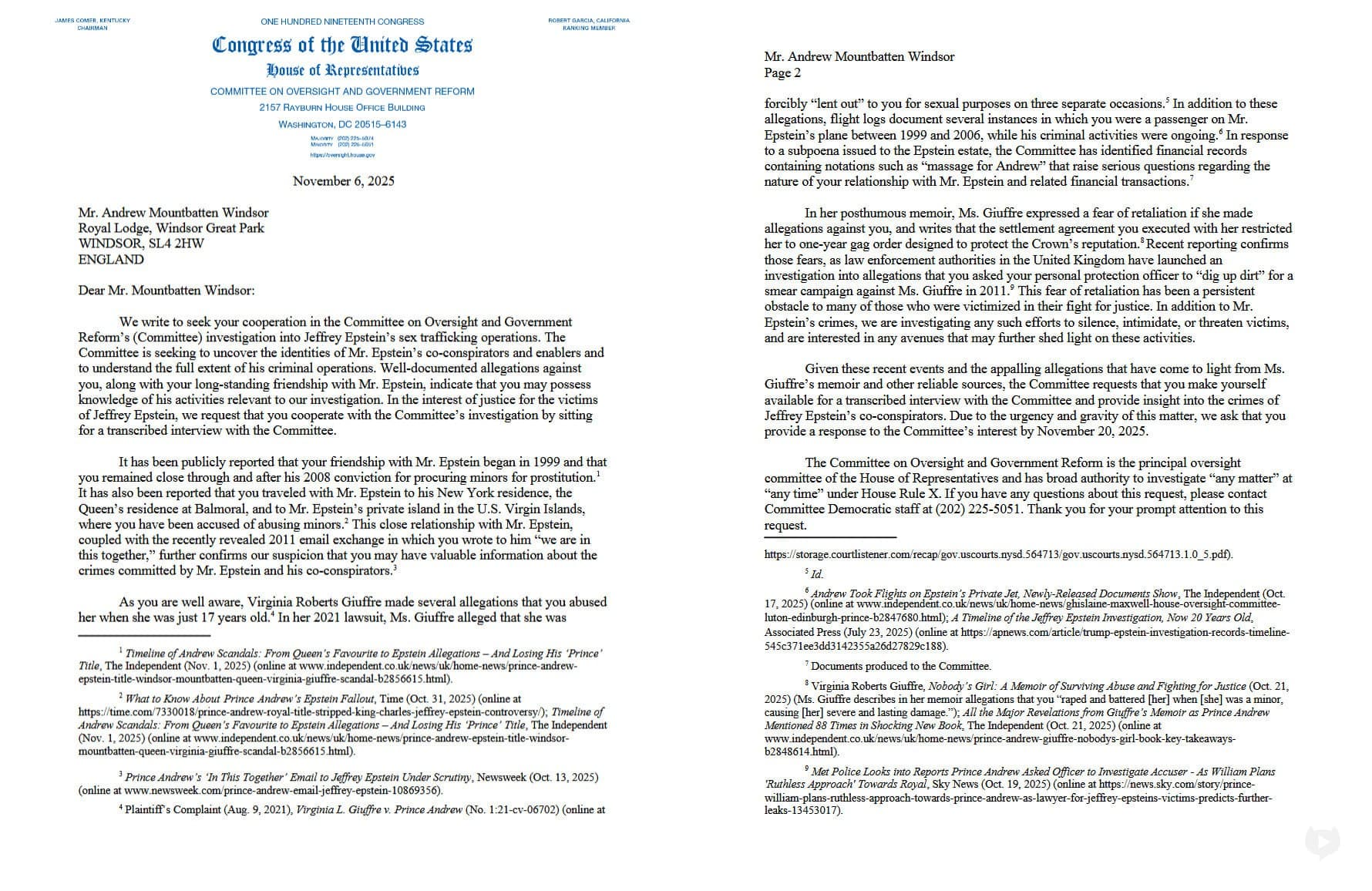 Andrew Mountbatten Windsor ordered to testify before Congress over Epstein links